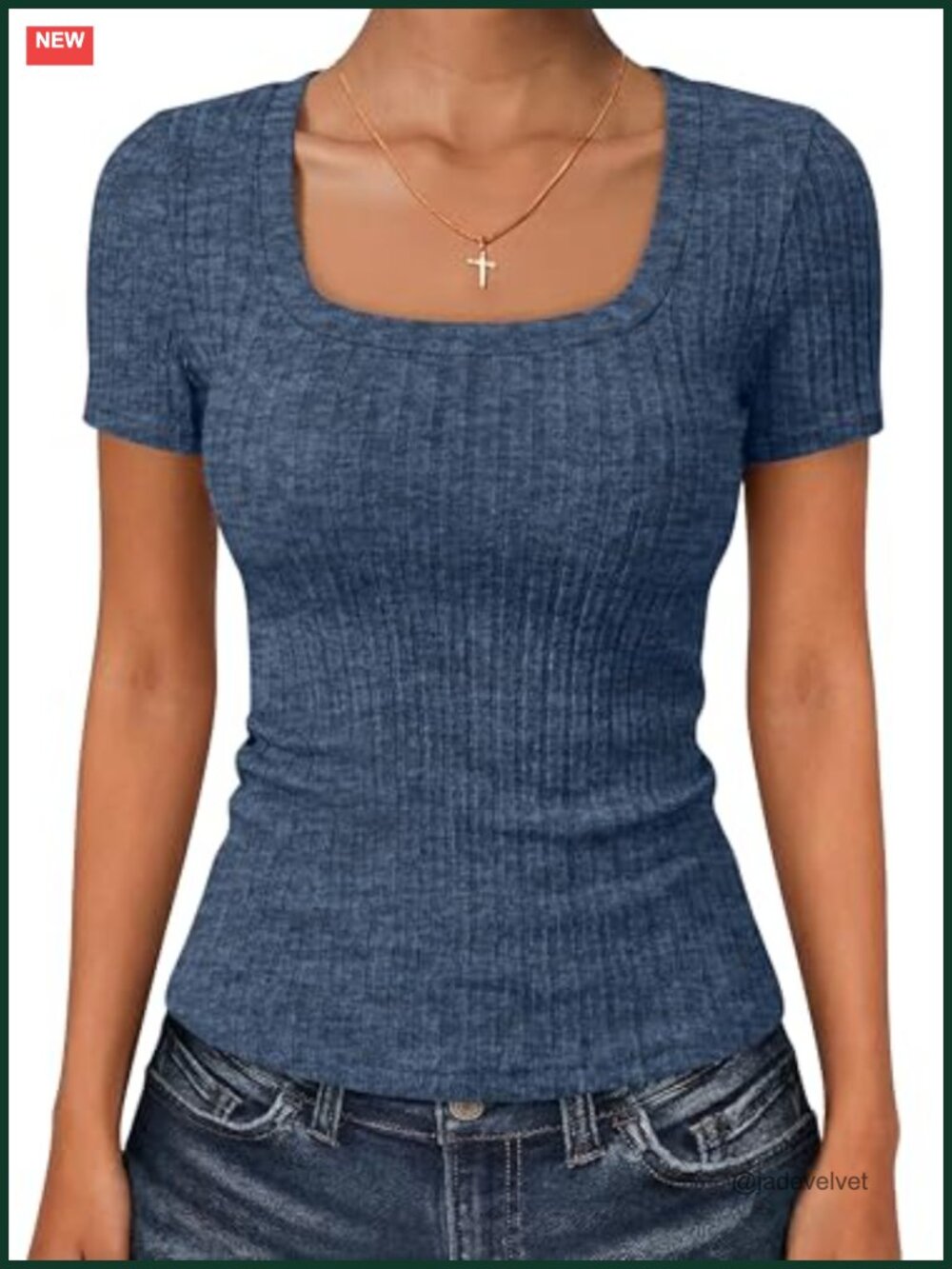 Womens Square Neck Short Sleeve Slim Fit Ribbed Knit Basic Tee